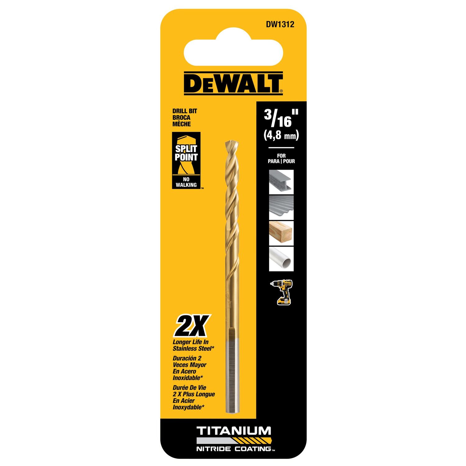 DEWALT Titanium Nitride Coated Drill Bit, 3/16-In