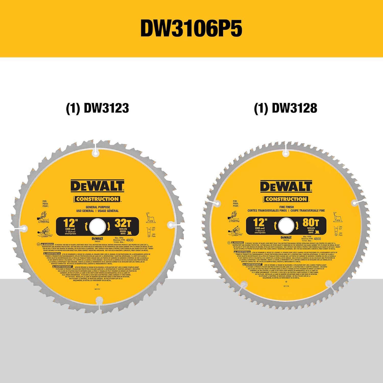 DEWALT Construction Miter Saw Blade Combo Pack, 32T & 80T, 12-In, 2-Pk