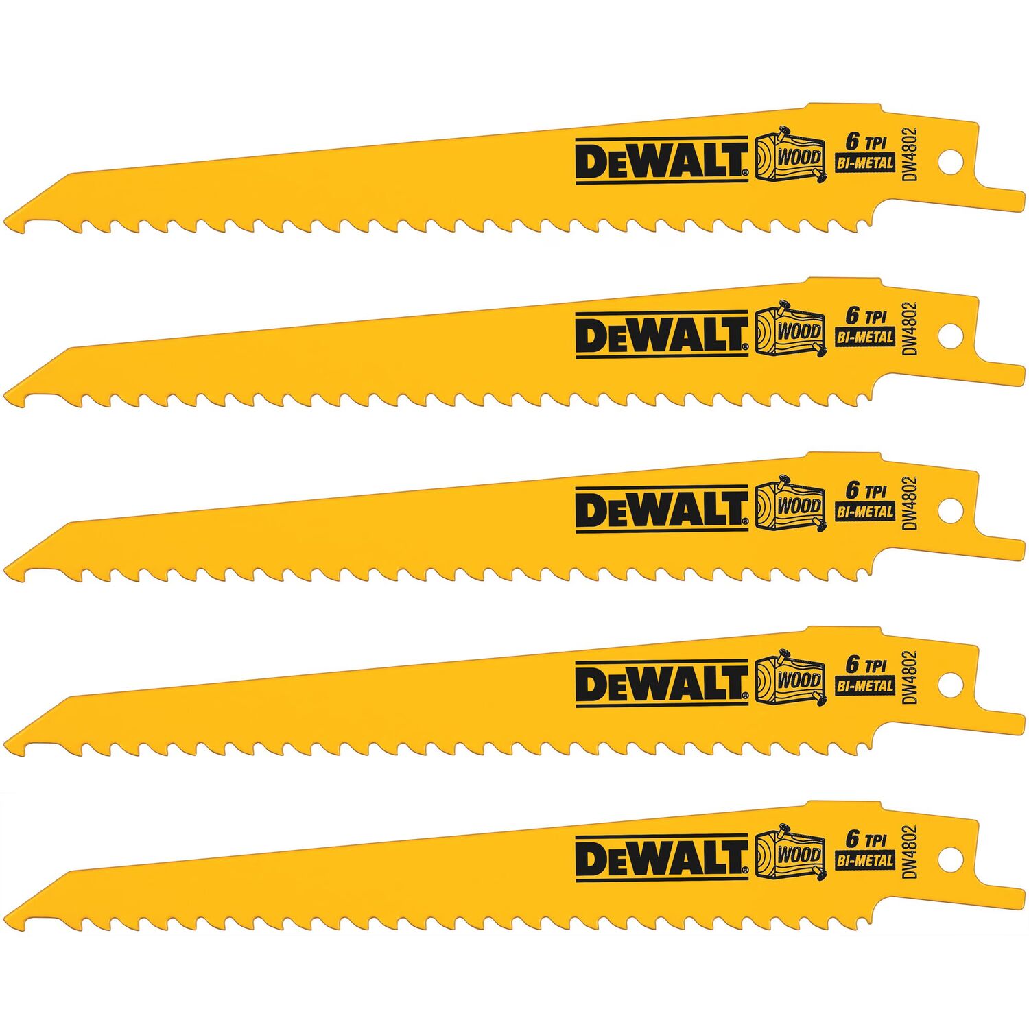 DEWALT Bi-Metal Wood Cutting Reciprocating Saw Blade, 6 TPI, 6-In, 5-Pk