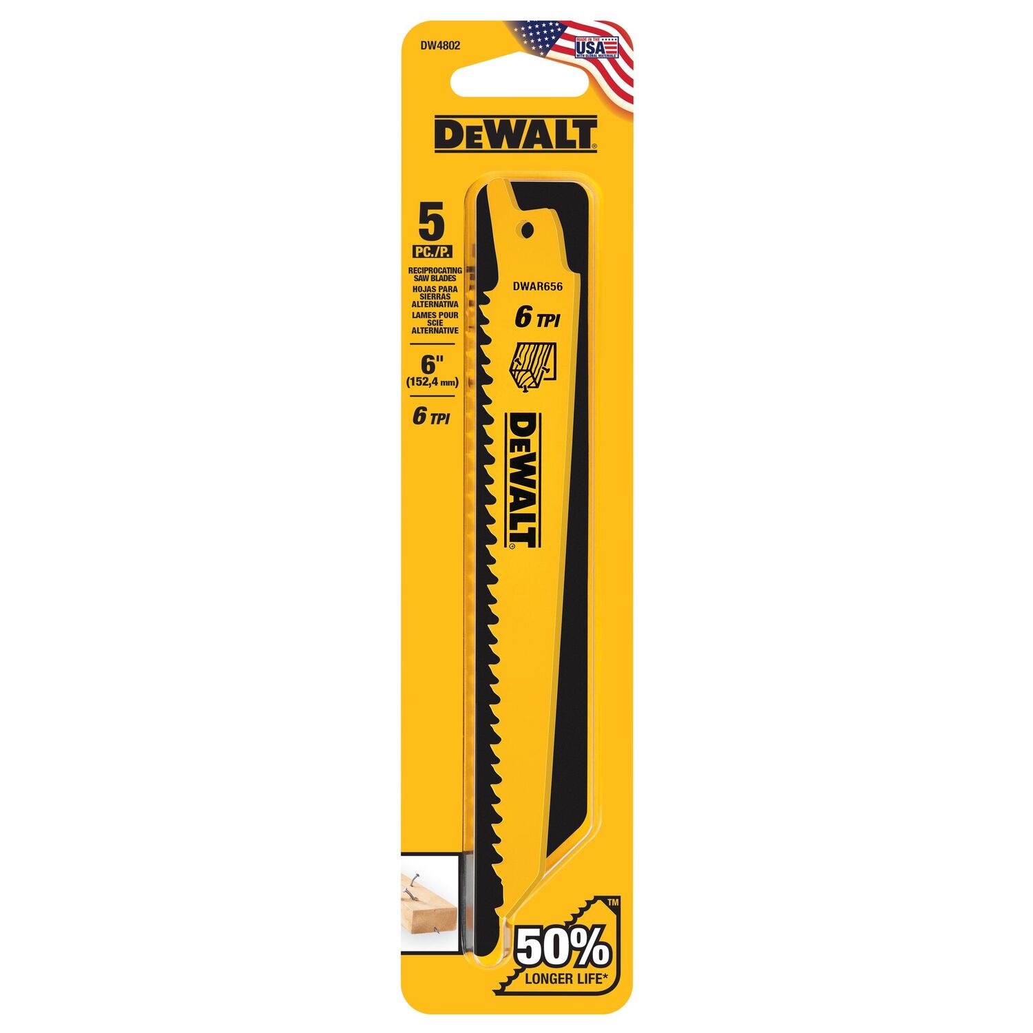 DEWALT Bi-Metal Wood Cutting Reciprocating Saw Blade, 6 TPI, 12-In, 5-Pk