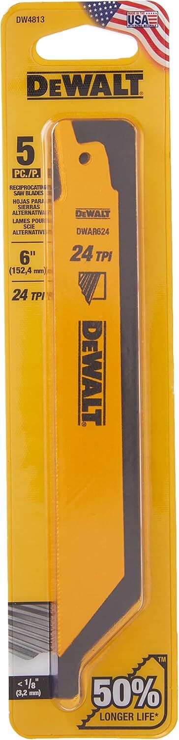 DEWALT Bi-Metal Straight Back Reciprocating Saw Blade, 24 TPI, 6-In, 5-Pk