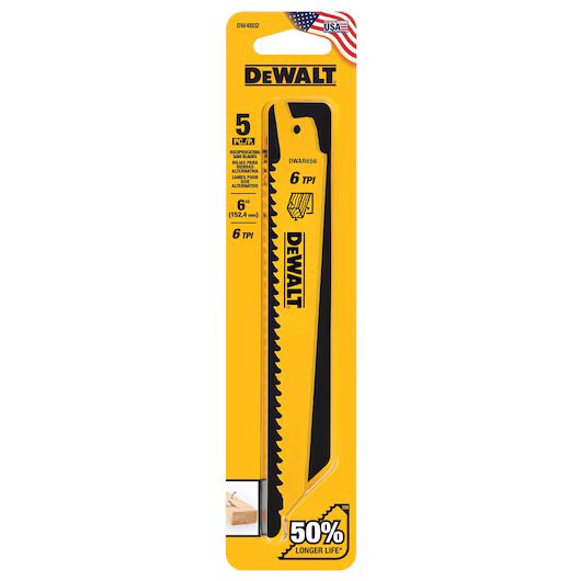 DEWALT Wood Cutting Bi-Metal Reciprocating Saw Blades, 6-TPI, 6-In, 5-Pk