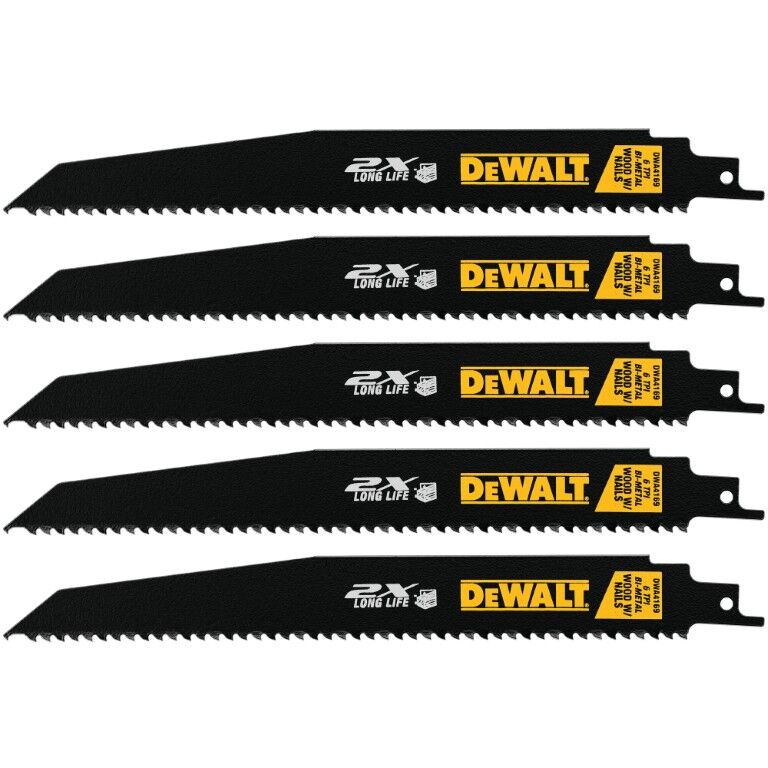 DEWALT 2X Long Life Wood Cutting Reciprocating Saw Blade, 6 TPI, 9-In, 5-Pk