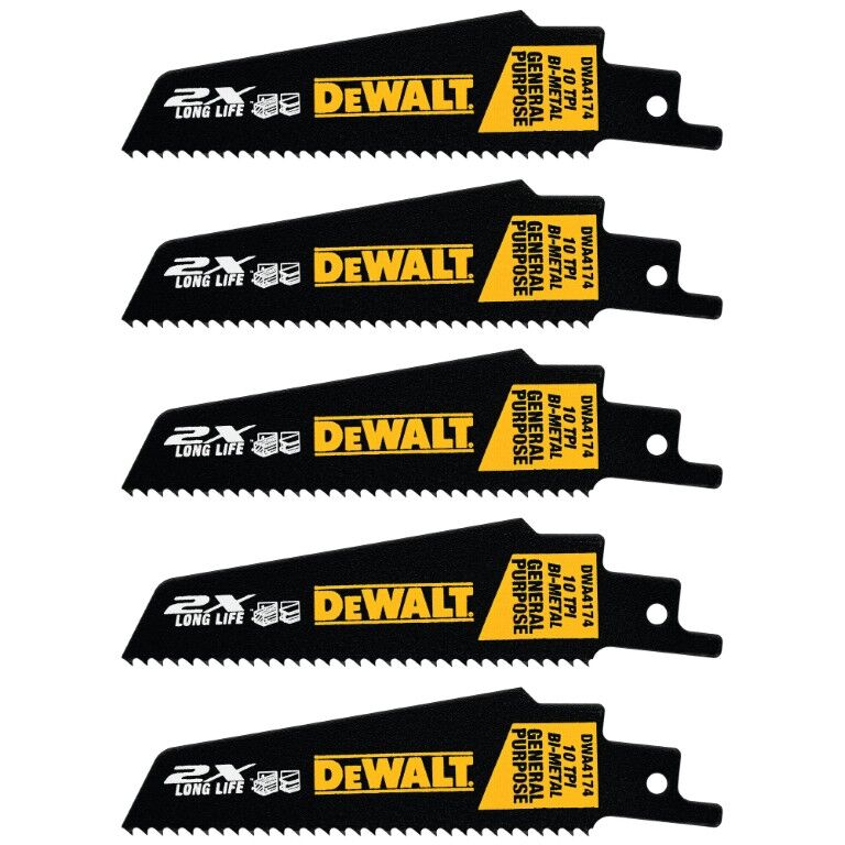 DEWALT 2X Long Life Wood & Metal Cutting Reciprocating Saw Blade, 10 TPI, 4-In, 5-Pk