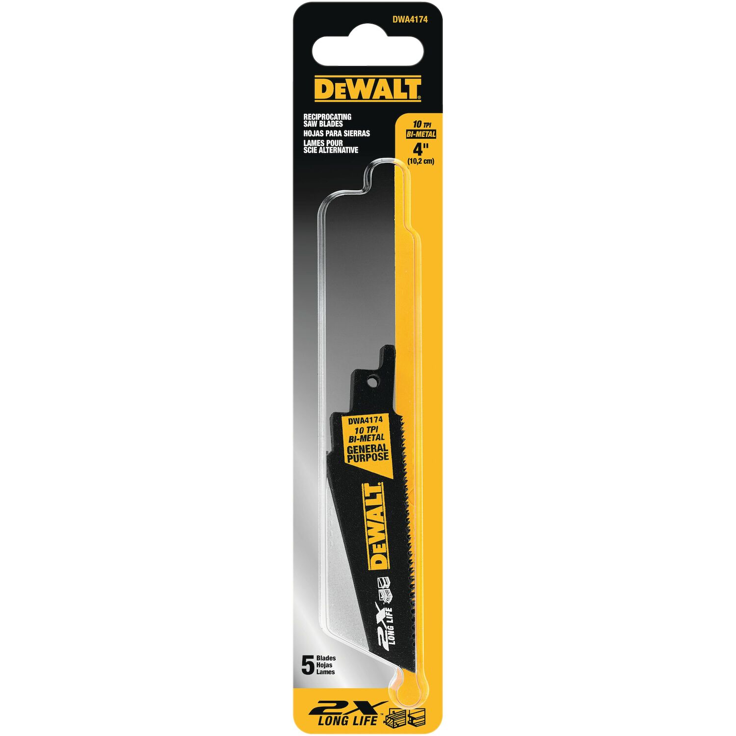 DEWALT 2X Long Life Wood & Metal Cutting Reciprocating Saw Blade, 10 TPI, 4-In, 5-Pk