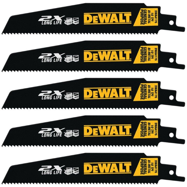 DEWALT 2X Long Life Wood & Metal Cutting Reciprocating Saw Blade, 10 TPI, 6-In, 5-Pk