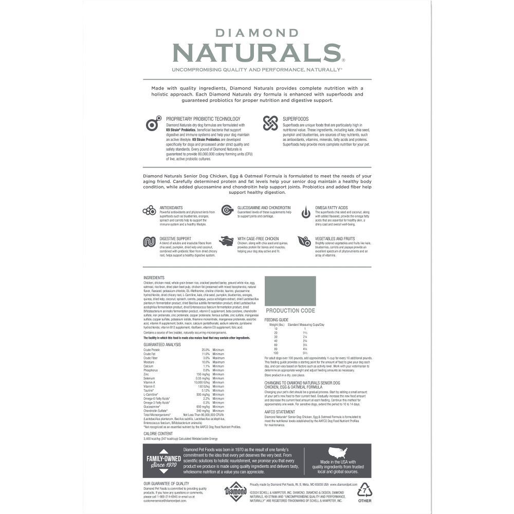 Diamond Naturals Senior Dog Chicken, Egg & Oatmeal Dog Food, 35-Lb