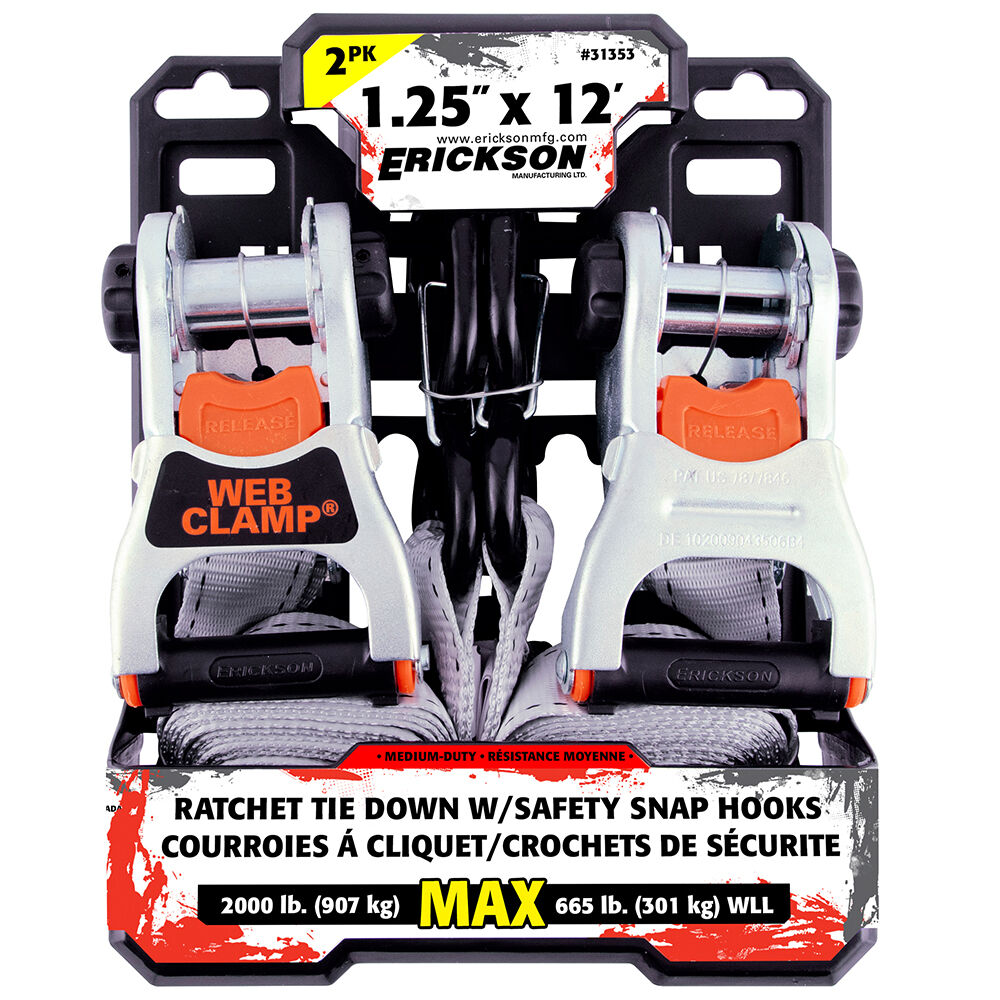 1.25″ X 12′ - 2000 Lb. Deluxe Tie-Downs With Web Clamp Safety Snap Hooks