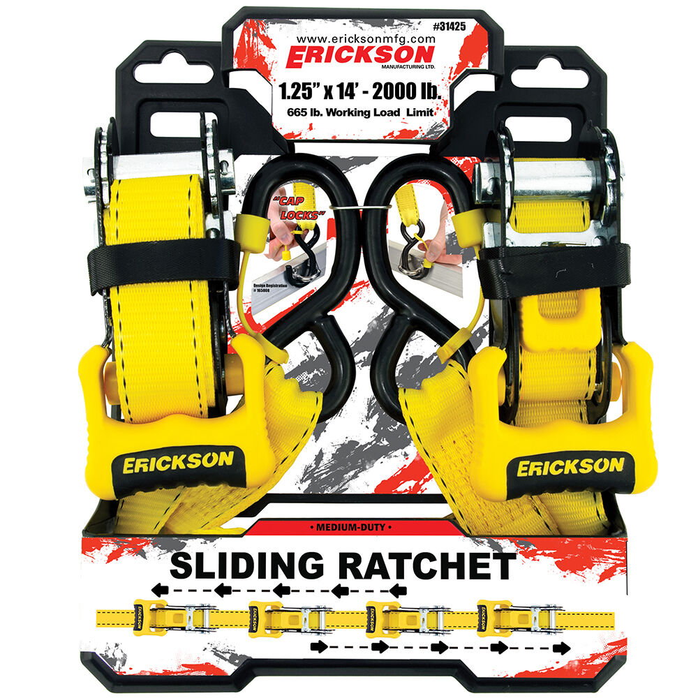 1.25″ X 14′ - 2000 Lb. Sliding Ratchet Straps With Cap Lock® Hooks