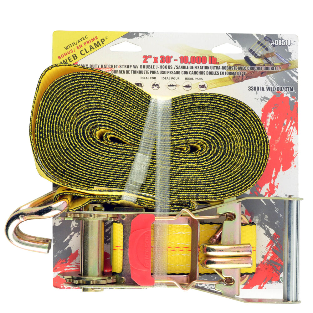 2″ X 30′ - 10,000 Lb. Long Handle Ratchet With Double J-Hooks