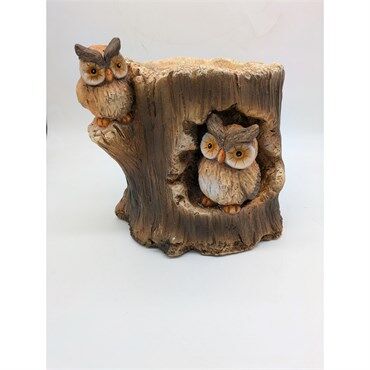 Esschert Design Double Owl In Faux Wood Log Planter