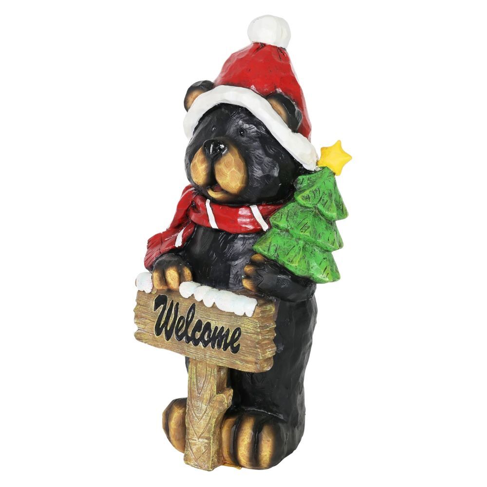 Exhart Hand Painted Holiday Bear Statue with Welcome Sign and Christmas Tree