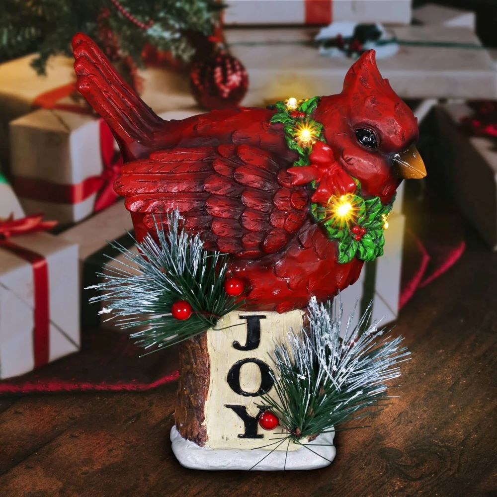 Exhart Hand Painted Christmas Cardinal with LED Garland on Joy Sign