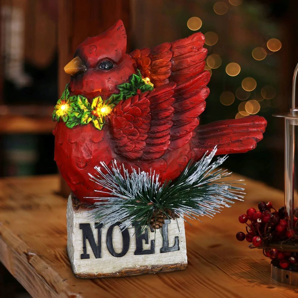 Exhart Hand Painted Christmas Cardinal with LED Garland on Noel Sign