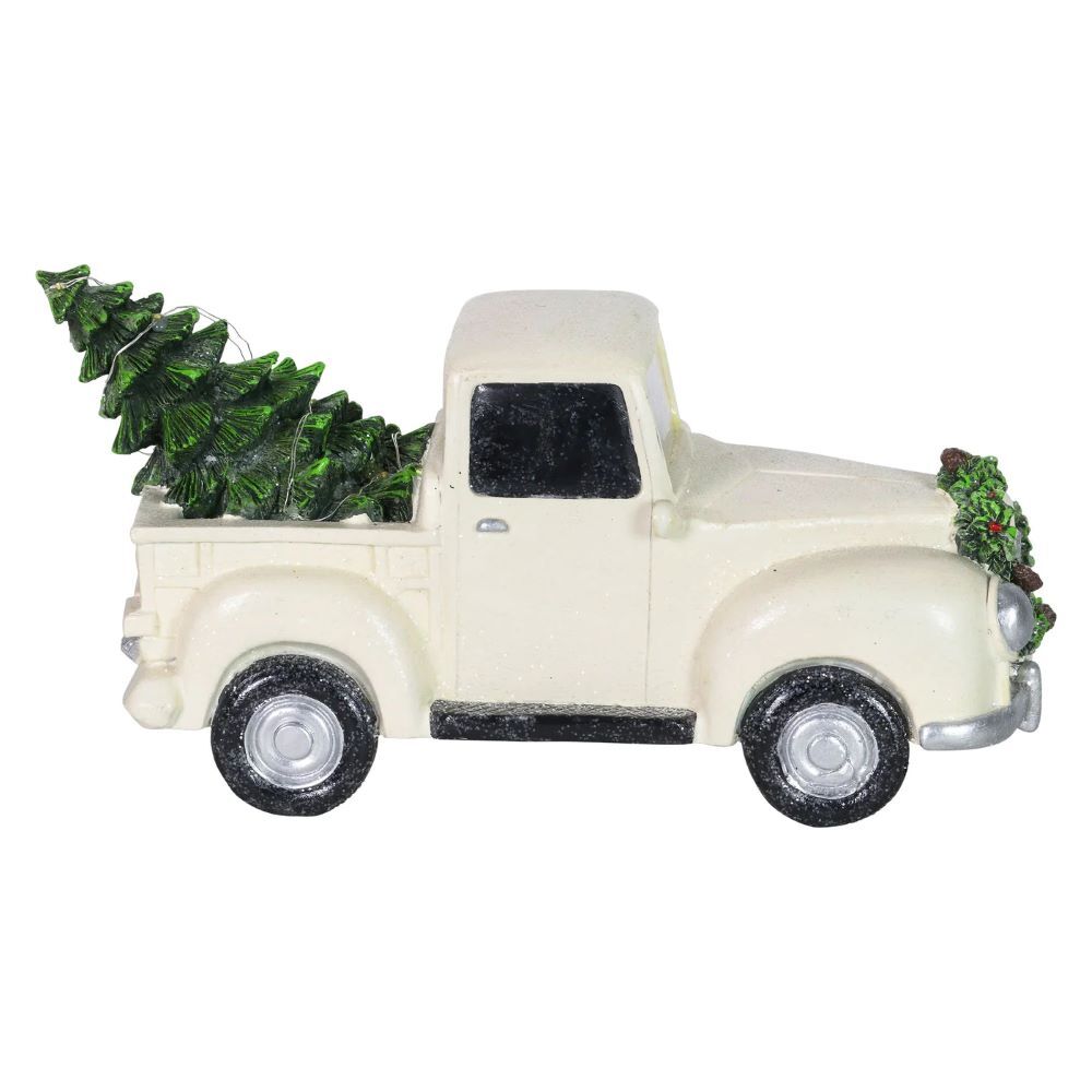 Exhart Vintage White Holiday Truck Driven By Santa with a Christmas Tree