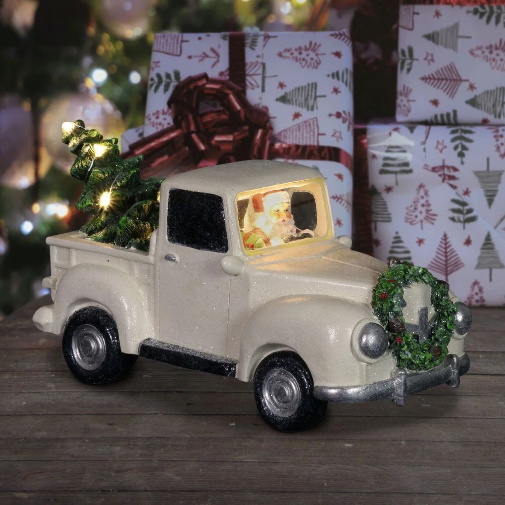 Exhart Vintage White Holiday Truck Driven By Santa with a Christmas Tree