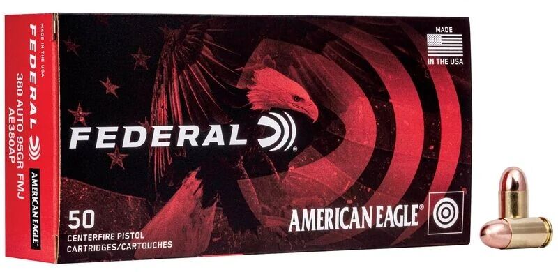 Federal American Eagle .380 Auto, 95 Grain Full Metal Jacket Pistol Ammo, 50-Rd