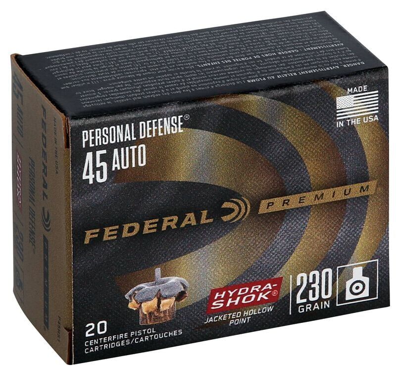 Federal Personal Defense Hydra-Shok .45 Auto, 230 Grain Jacketed Hollow Point Pistol Ammo, 20-Rd