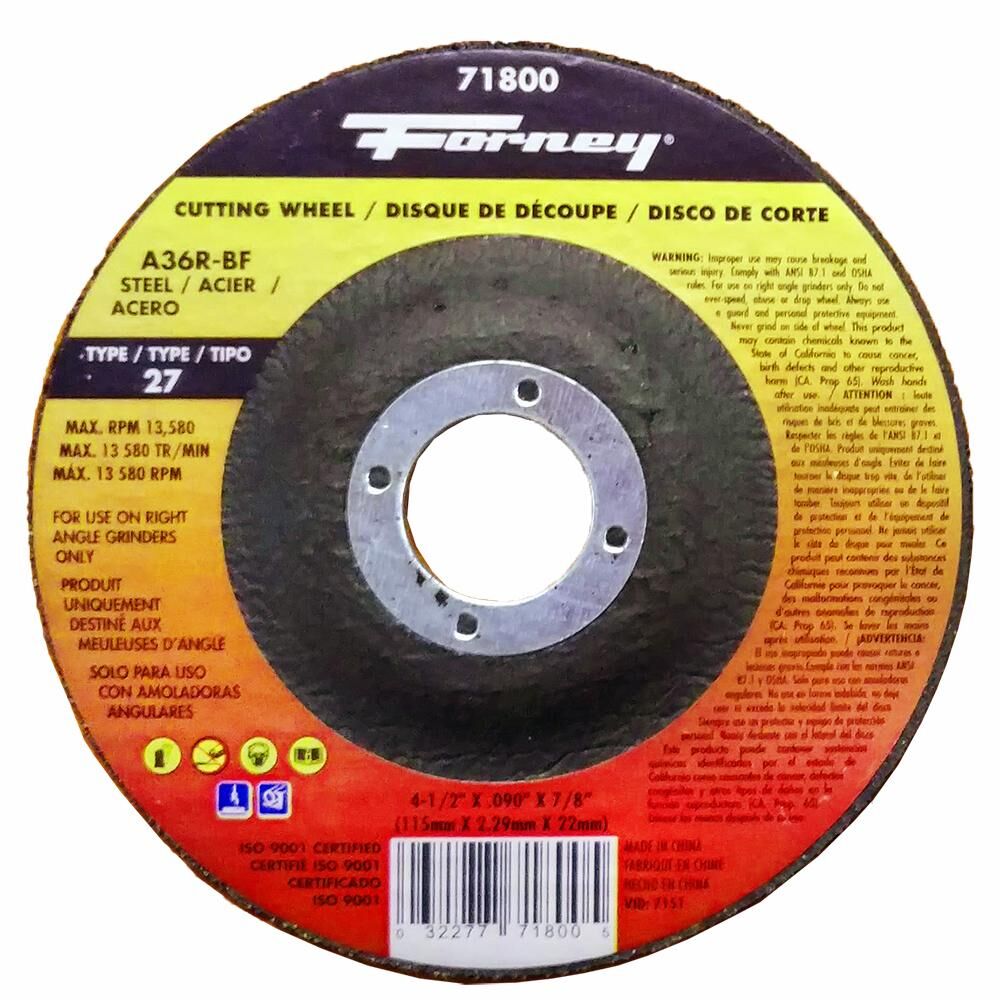 Cut-Off Wheel, Metal, Type 27, 4-1/2" X 0.090" X 7/8"