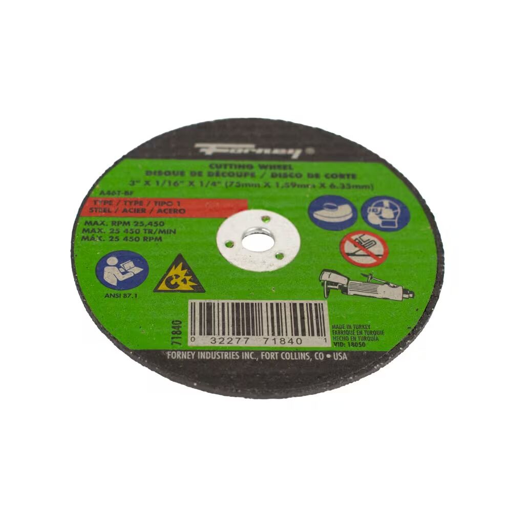 Forney Industries Metal Cut-Off Wheel Type 1, 3-In x 1/16-In x 1/4-In