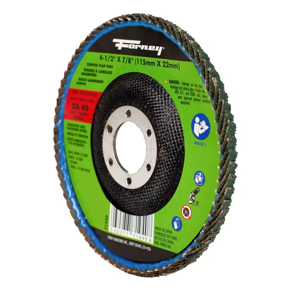 Forney Industries Zirconia Curved Edge Flap Disc Type 27, 40-Grit, 4 1/2-In x 7/8-In