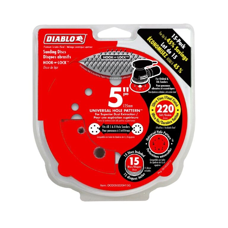 Diablo 220-Grit Hook & Lock ROS Sanding Disc, 5-In, 15-Pk