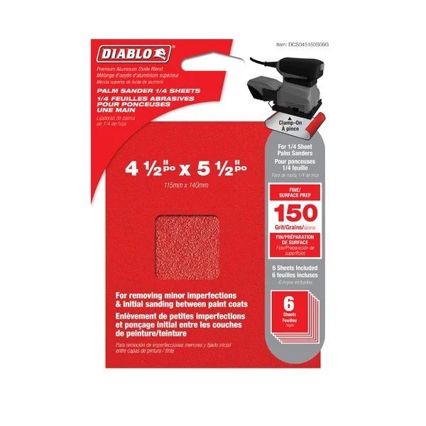 Diablo Tools 4-1/2-In x 5-1/2-In 150-Grit Palm Sander 1/4 Sanding Sheets, 6-Pk