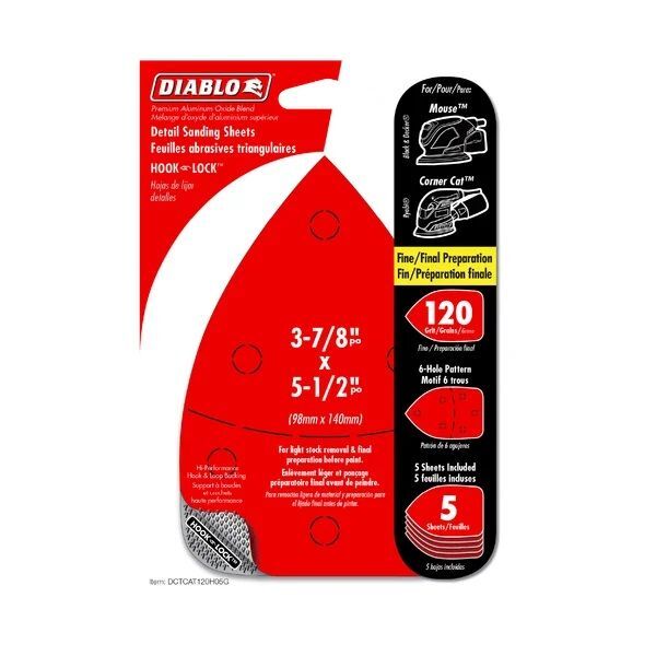 Diablo Tools 120-Grit Hook & Lock CAT/Mouse Detail Sanding Sheets, 3-7/8-In x 5-1/2-In, 5-Pk