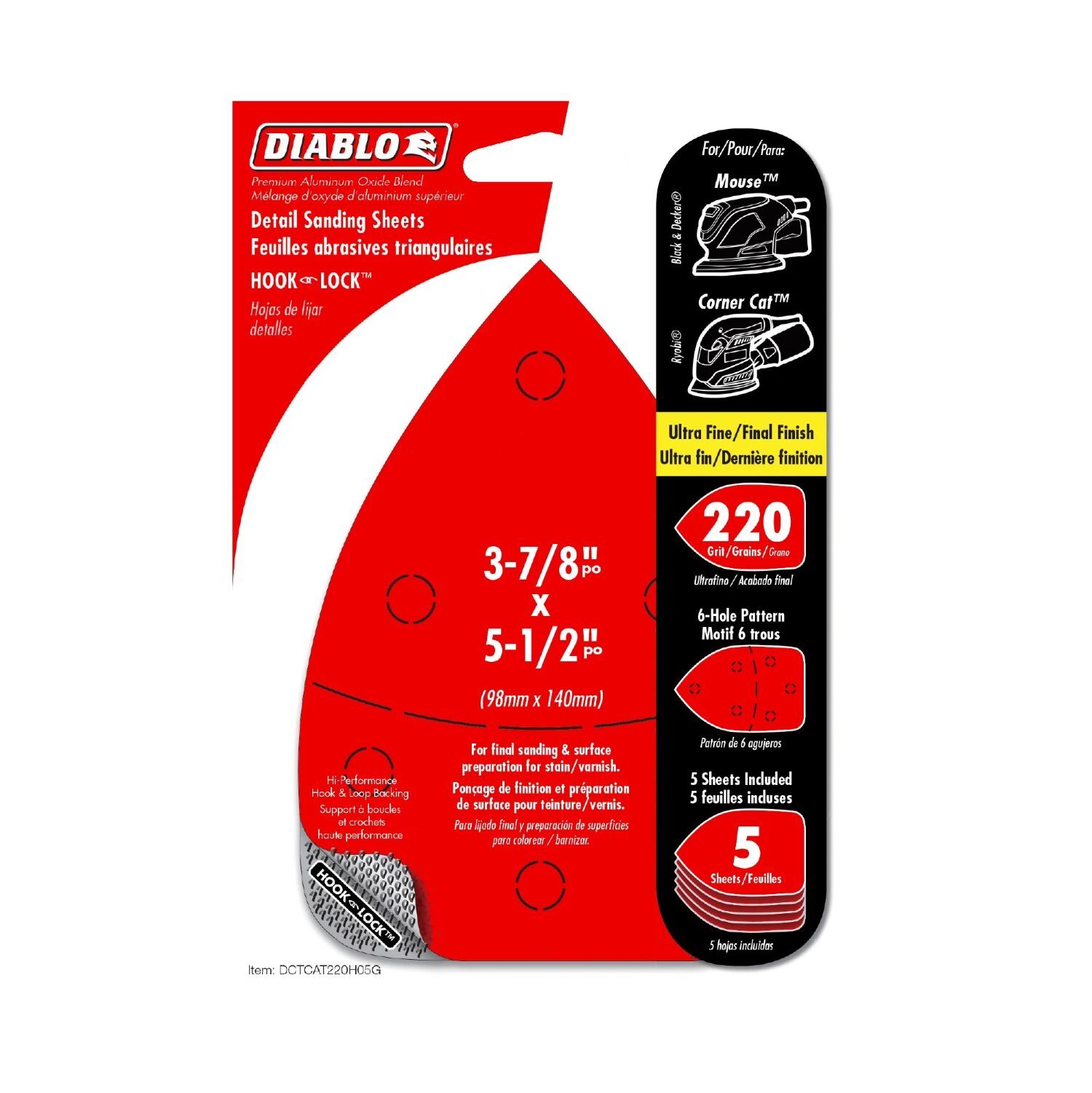 Diablo Tools 220-Grit Hook & Lock CAT/Mouse Detail Sanding Sheets, 3-7/8-In x 5-1/2-In, 5-Pk