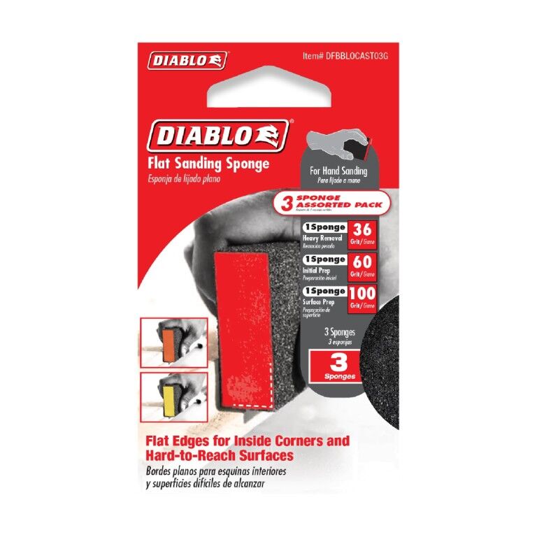 Diablo Assorted Flat Edge Sanding Sponges 36/60/100 Grit, 4-In x 2 1/2-In x 1-In, 3-Pk