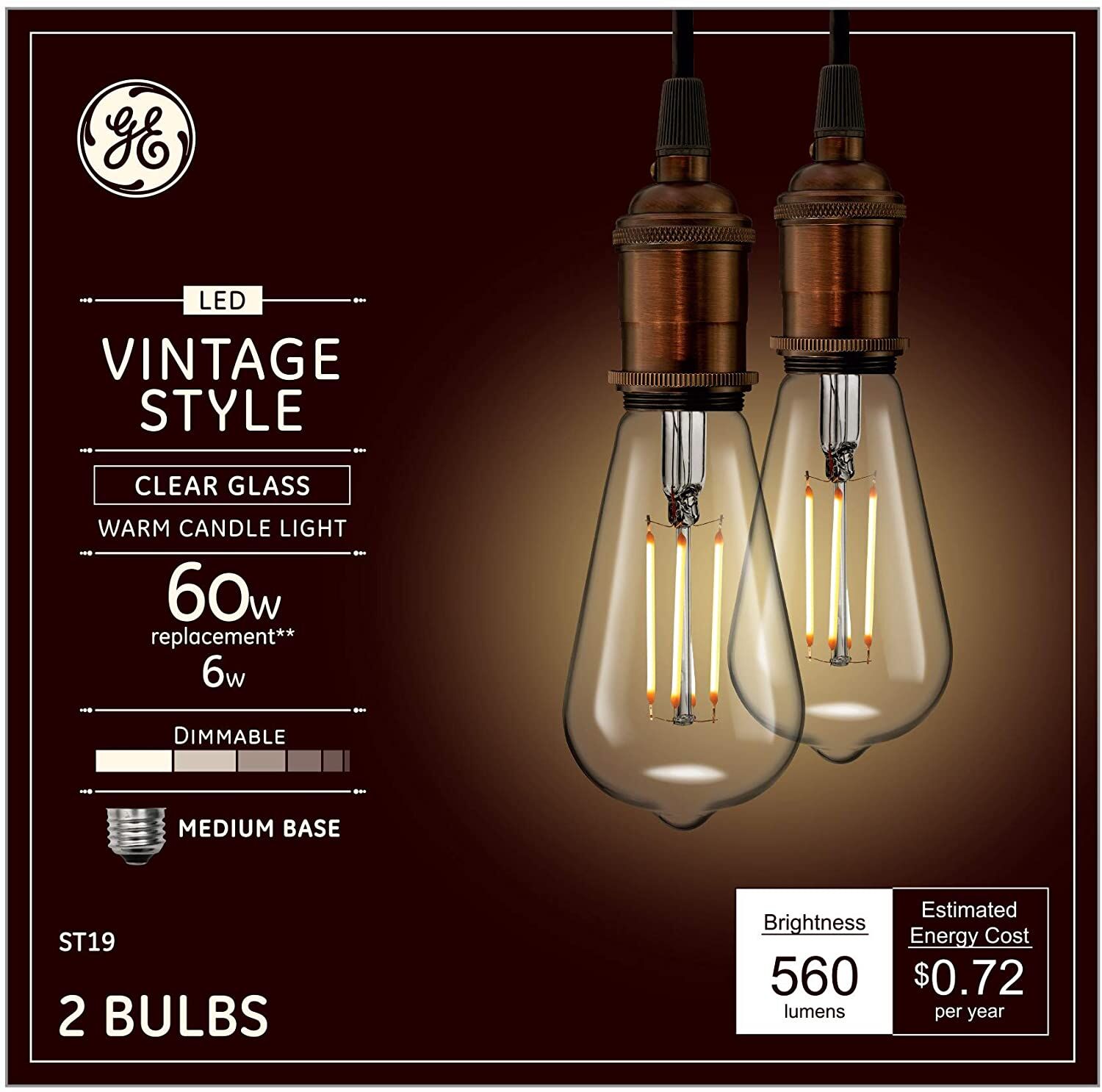 GE Vintage Clear Finish Glass 60W Replacement LED Light Bulbs, St19, 2-Pack, Warm Candle
