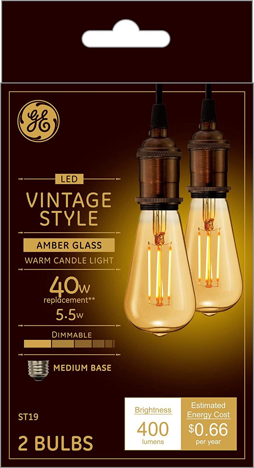 GE Vintage Amber Glass LED Light Bulbs, 40W Replacement, Dimmable Edison  St19, 2-Pack