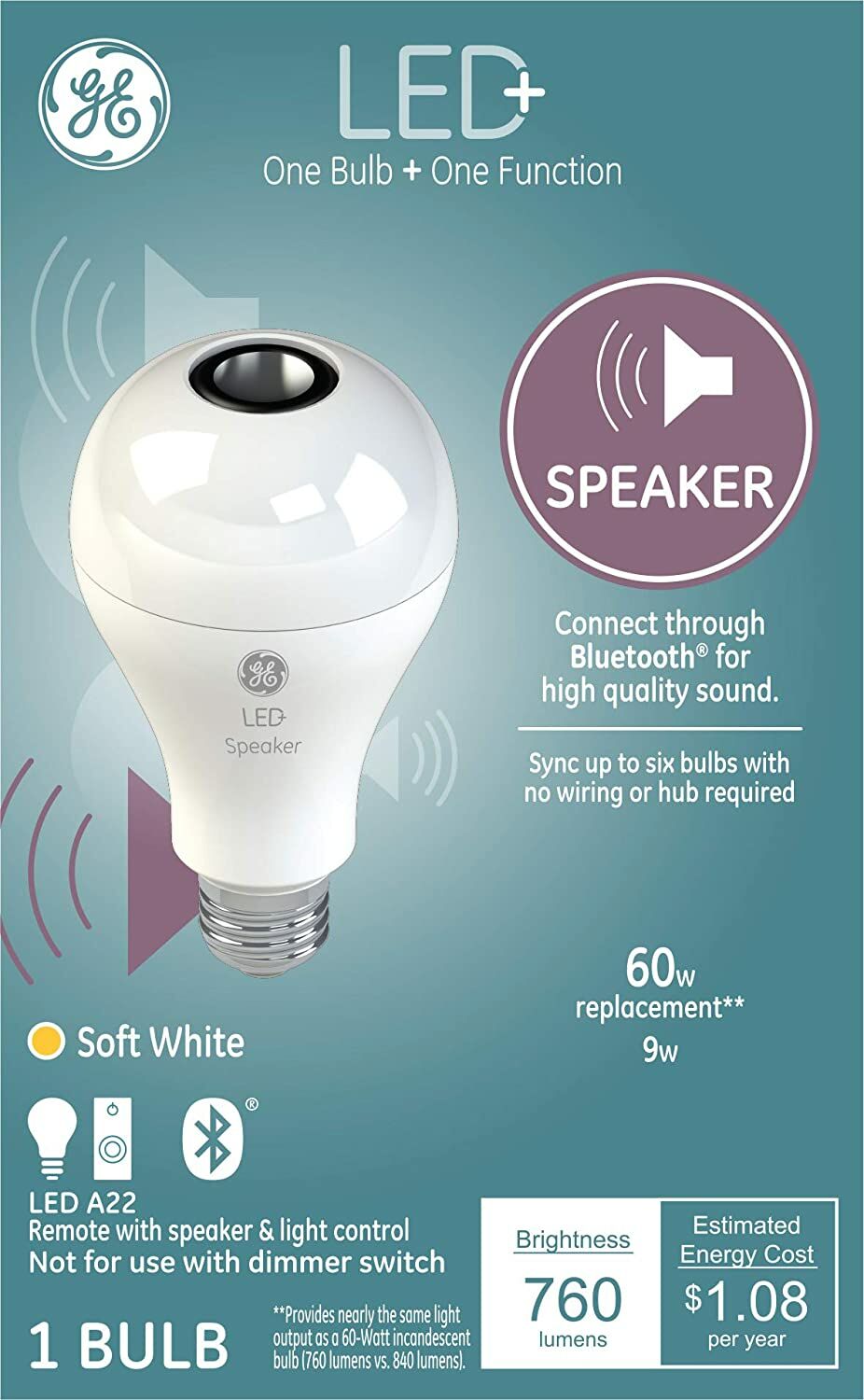 Led+ Speaker Bluetooth Speaker Bulb, A21, 60 Watt Replacement