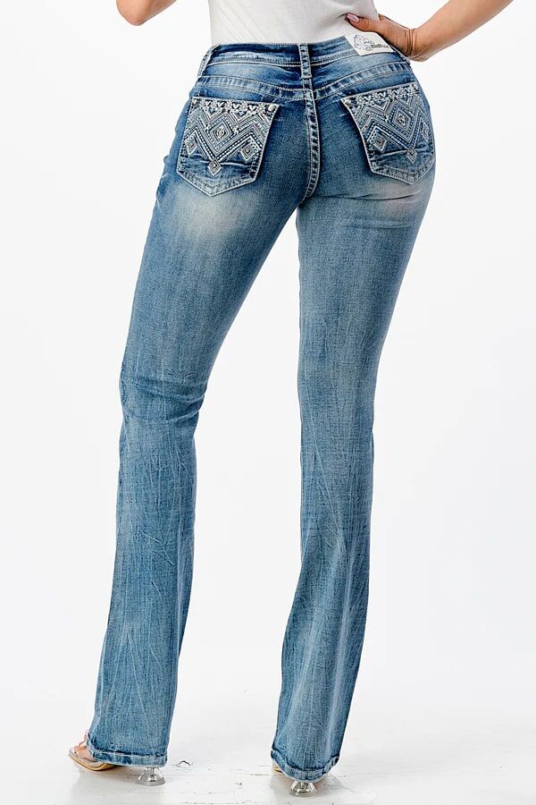Grace In LA Women's Aztec Embroidered Mid Rise Bootcut Jeans