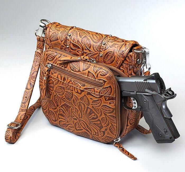 Gun Tote'n Mamas Studded Flap Concealed Carry Bag USA Debossed Leather