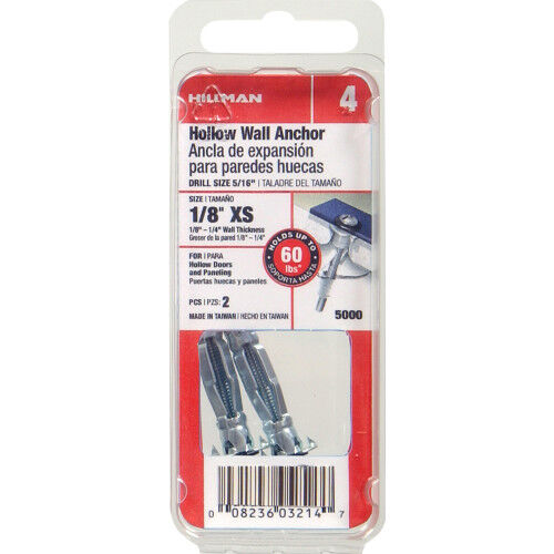 Hillman Hollow Wall Anchors, 1/8-In X-Short, 2-Pk