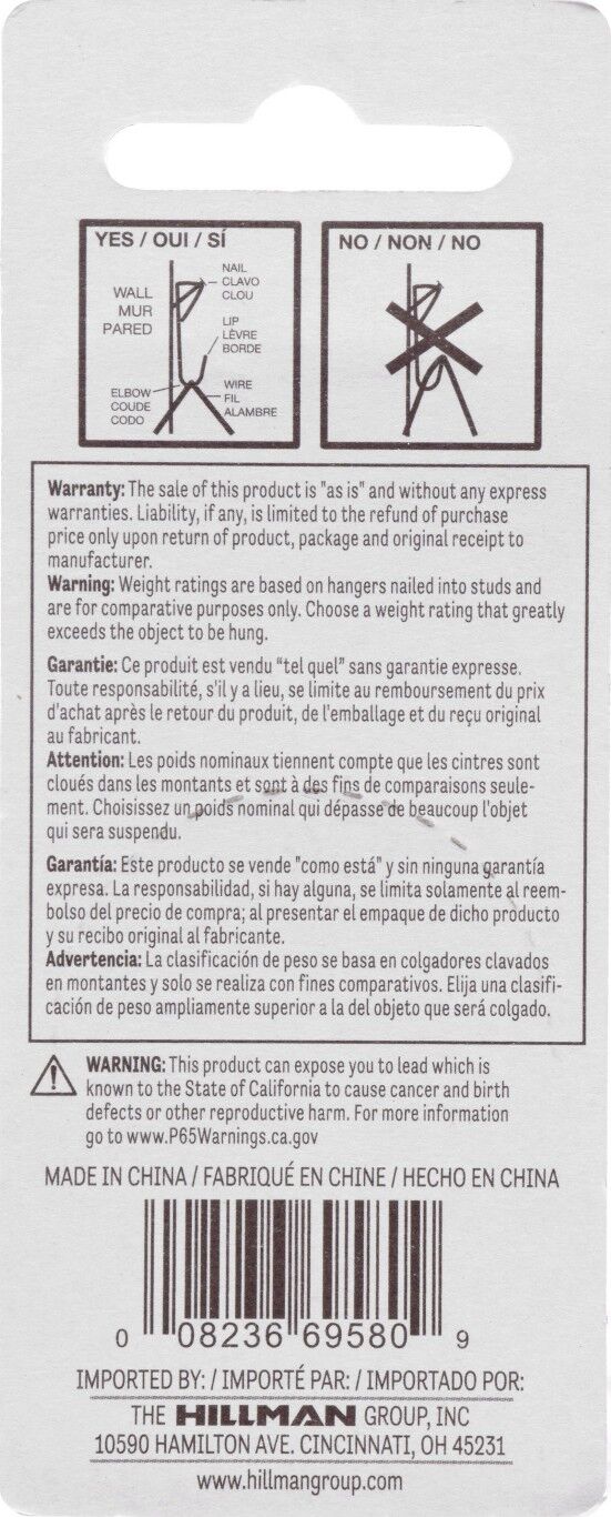 Hillman Conventional Picture Hangers White, 10-Lb, 8-Pk