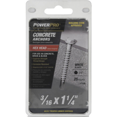 Hillman Power Pro White Hex Washer-Head Concrete Screw Anchors, 3/16-In X 1-1/4 In, 25-Pc