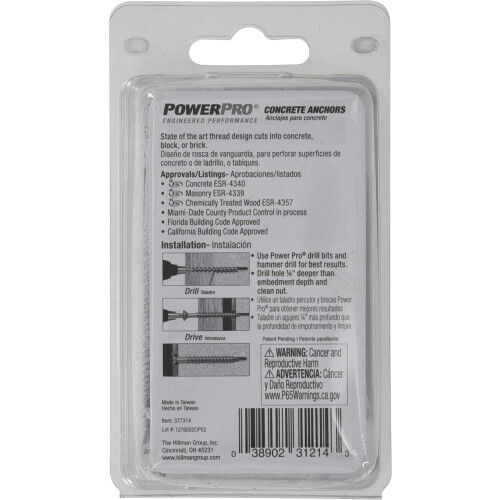Hillman Power Pro White Flat-Head Concrete Screw Anchors, 3/16-In x 2-3/4-In, 20-Pk
