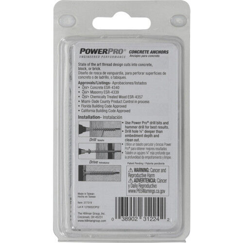 Hillman Power Pro White Flat-Head Concrete Screw Anchors, 1/4-In x 2-1/4-In, 15-Pk