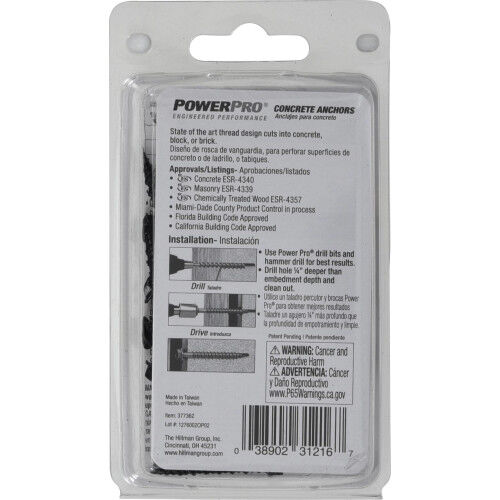 Hillman Power Pro Black Hex Washer-Head Concrete Screw Anchors, 3/16-In x 1-1/4-In, 25-Pk