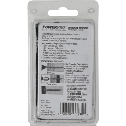 Hillman Power Pro Black Hex Washer-Head Concrete Screw Anchors, 3/16-In x 1-3/4-In, 25-Pk