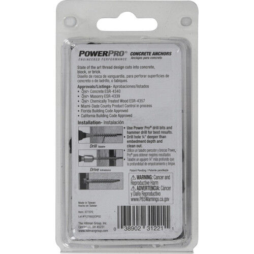 Hillman Power Pro Black Hex Washer-Head Concrete Screw Anchors, 1/4-In x 1-3/4-In, 18-Pk