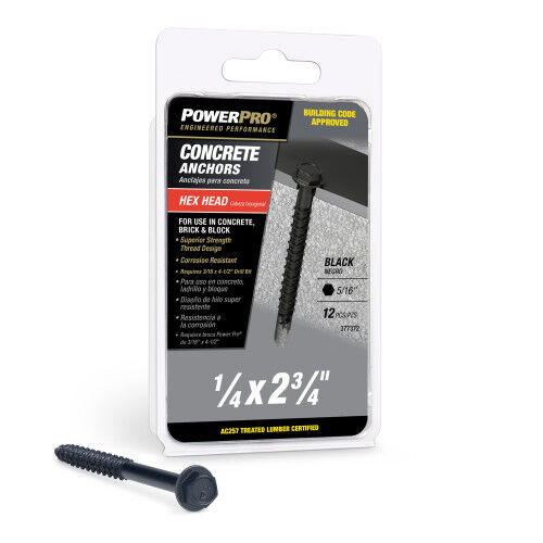 Hillman Power Pro Black Hex Washer-Head Concrete Screw Anchors, 1/4-In x 2-3/4-In, 12-Pk