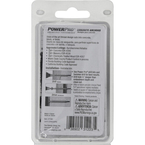 Hillman Power Pro Black Flat-Head Concrete Screw Anchors, 3/16-In x 2-1/4-In, 20-Pk