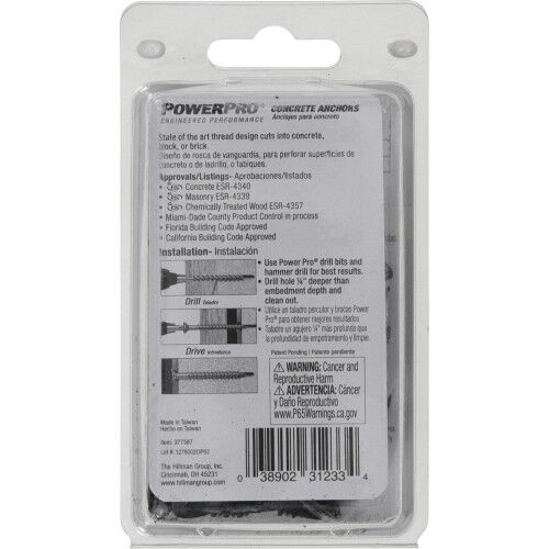 Hillman Power Pro Black Flat-Head Concrete Screw Anchors, 1/4-In x 1-1/4-In, 25-Pk