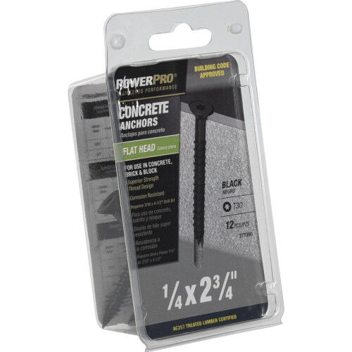Hillman Power Pro Black Flat Head Concrete Screw Anchors, 1/4-In X 2 3/4-In, 12-Pk