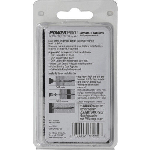 Hillman Power Pro Black Flat-Head Concrete Screw Anchors, 3/16-In x 1-3/4-In, 25-Pk