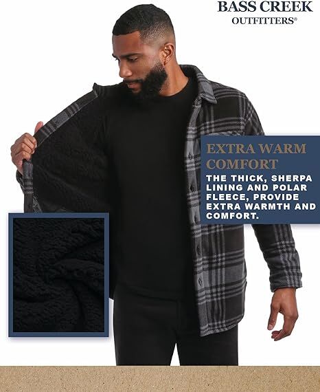 Bass Creek Outfitters Men's Heavy Duty Polar Fleece Sherpa Lined Shirt Jacket