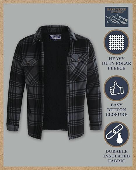 Bass Creek Outfitters Men's Heavy Duty Polar Fleece Sherpa Lined Shirt Jacket